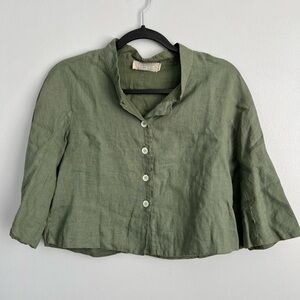 Stefano Mortari Size 38 • Green 100% Linen Button Down Short Sleeve Top.